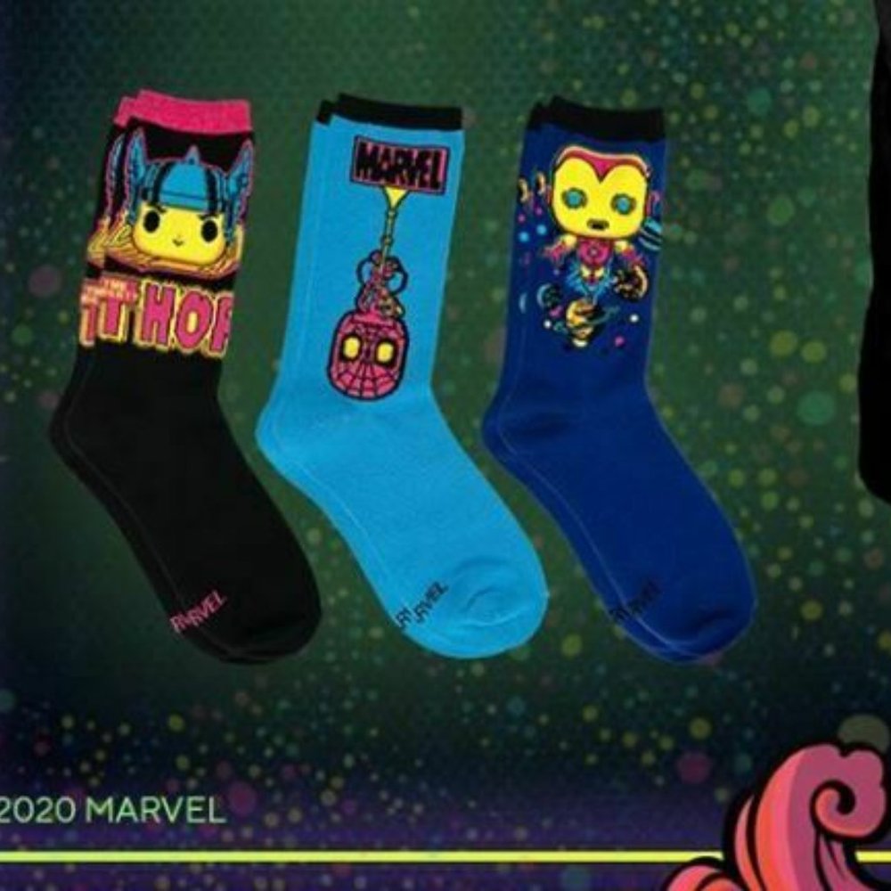 Funko Pop! Marvel Black Light Socks Thor Spiderman Iron Man Blue Black 3pk NWT
